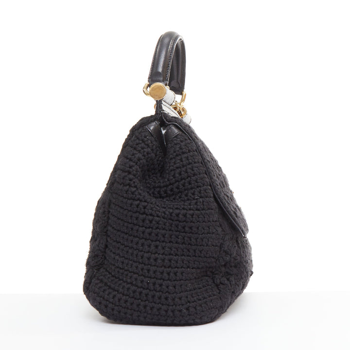 DOLCE GABBANA Sicily black crochet leather gold hardware top handle satchel bag