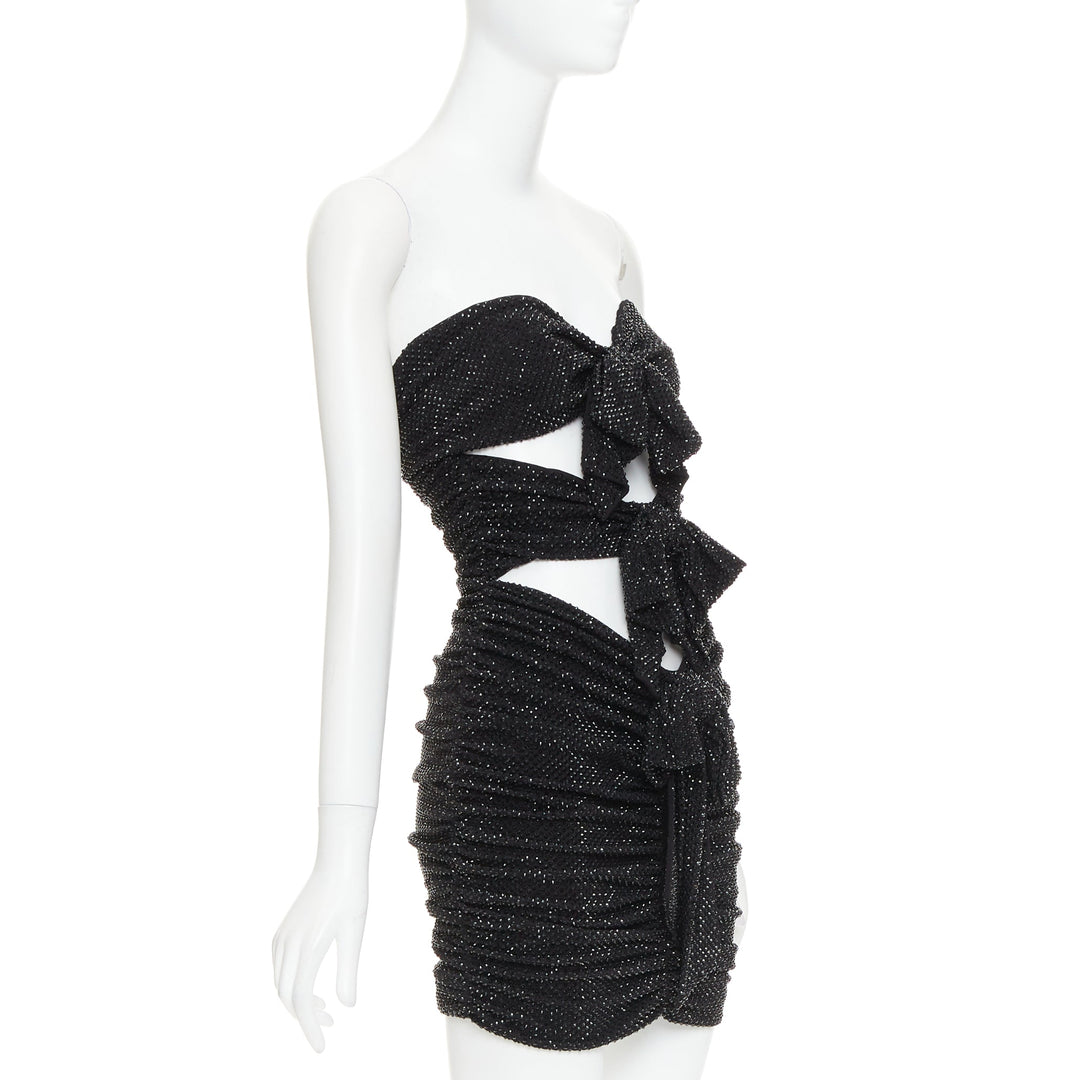 ALEXANDRE VAUTHIER black strass crystal bow tie cut out ruched mini dress