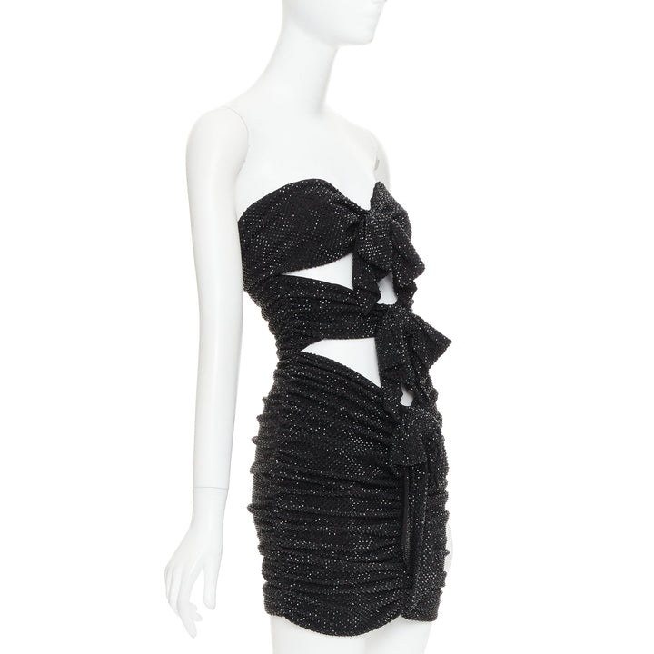 ALEXANDRE VAUTHIER black strass crystal bow tie cut out ruched mini dress