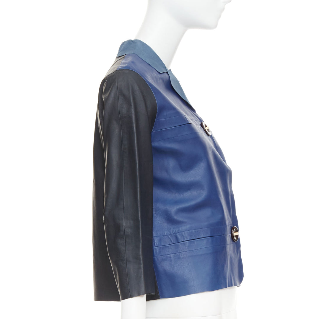 MARNI blue black colorblocked calf leather geometric buttons crop jacket IT40 S
