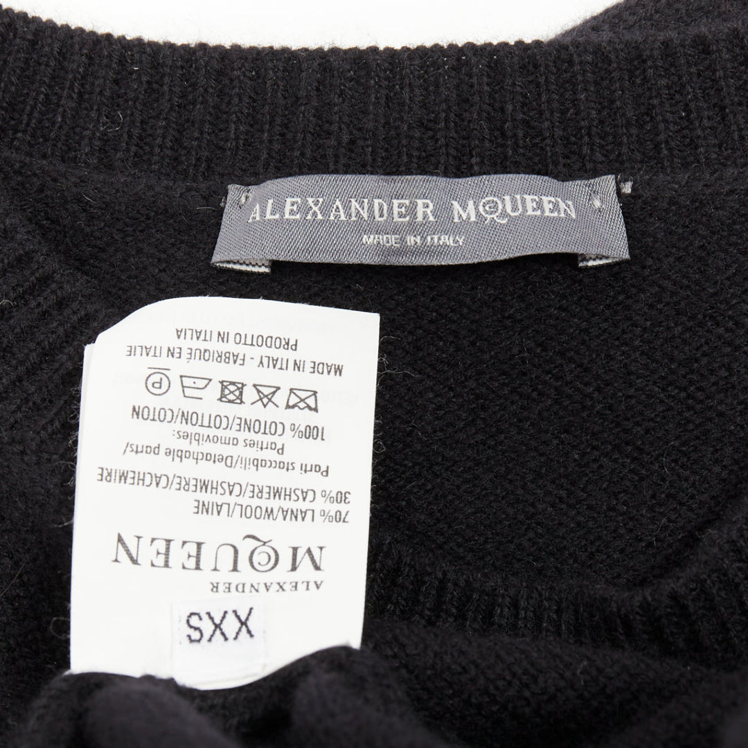 ALEXANDER MCQUEEN black wool cashmere sweater white cotton peplum top XXS