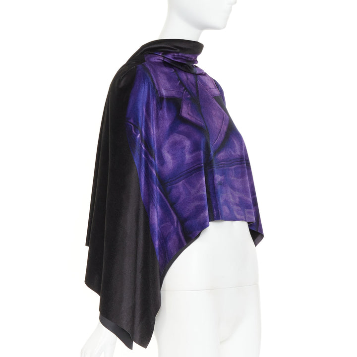 LOEWE 2022 Runway black purple Trompe Loeil print open draped cape top FR36 S