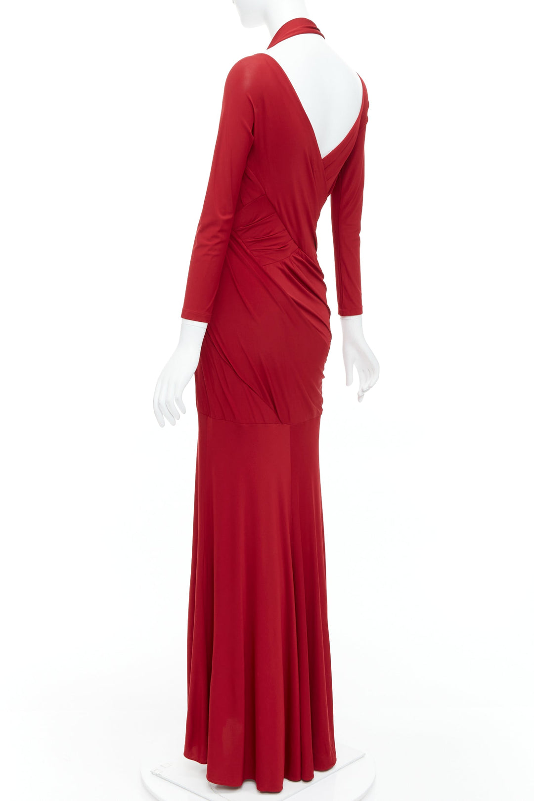 DONNA KARAN red halter plunge tucked draped evening gown dress L