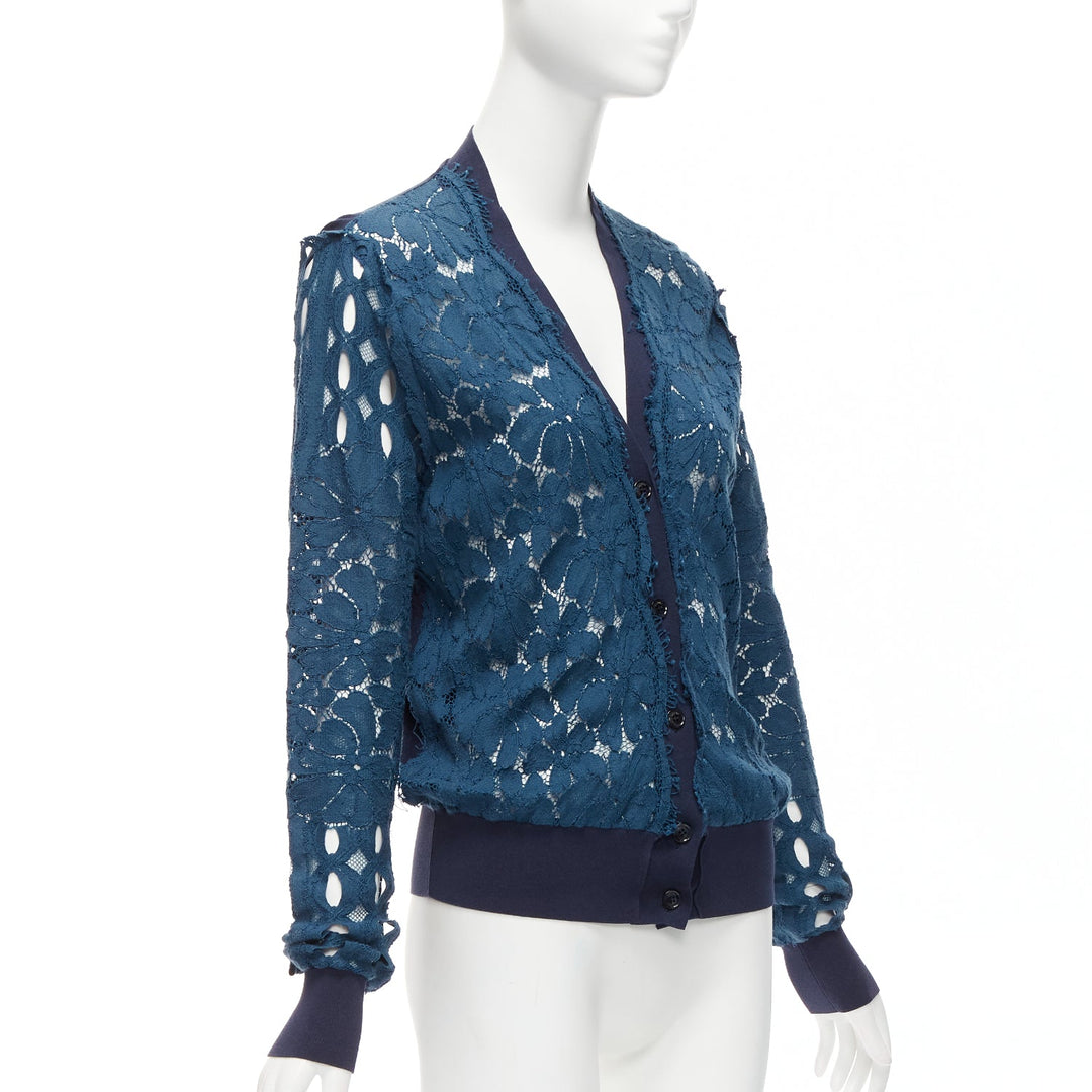 LANVIN 2015 blue silk cotton floral lace sheer long sleeve V neck cardigan S