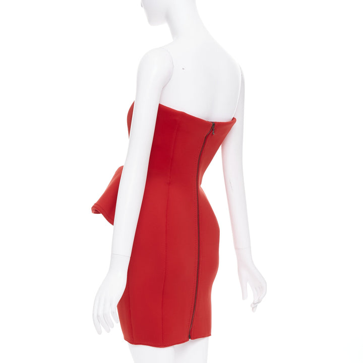 LANVIN Alber Elbaz signature red neoprene peplum strapless zip dress FR34 XS