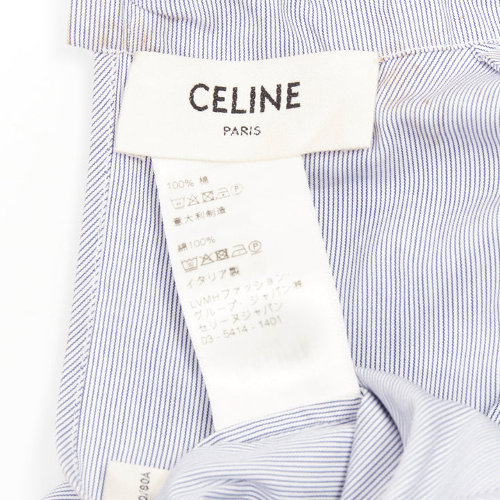 CELINE blue white pinstripe cotton high ruched collar puff sleeves blouse FR36 S