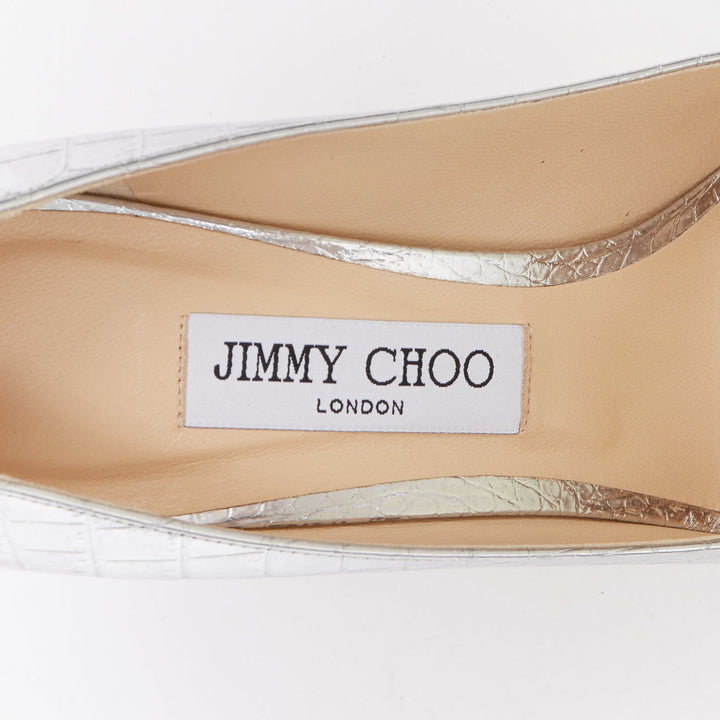 JIMMY CHOO Love mirrored silver croc embossed leather pointy pumps EU39.5