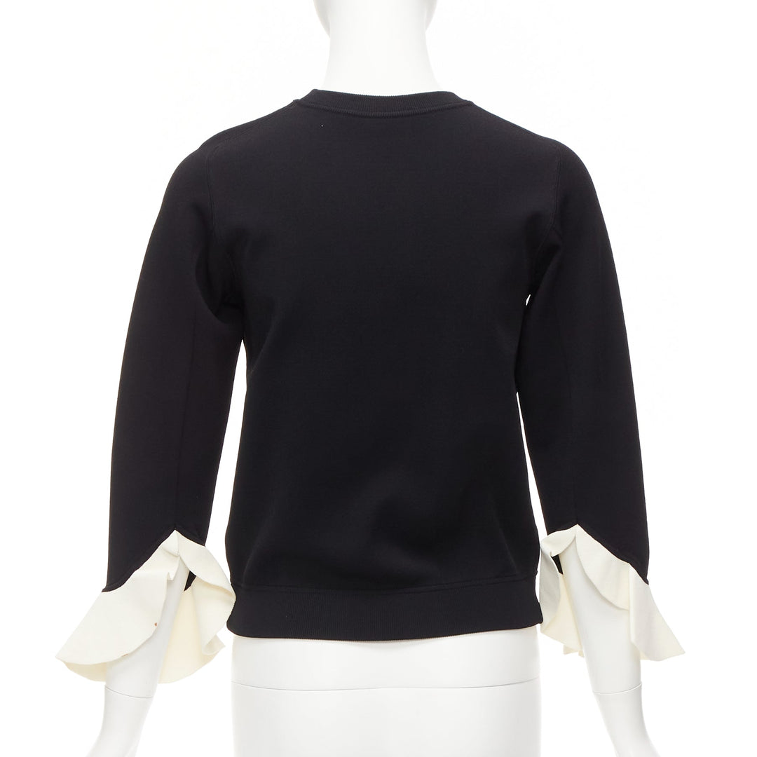 VALENTINO black cream flare ruffles cuffs crew neck sweater top S