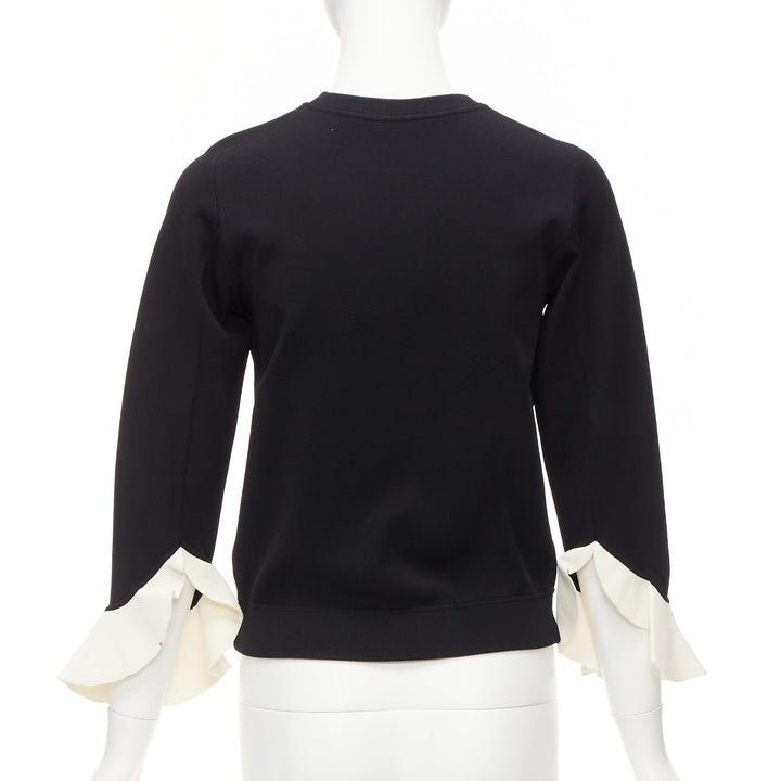 VALENTINO black cream flare ruffles cuffs crew neck sweater top S