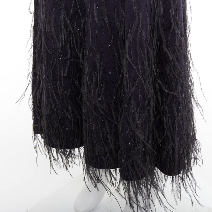 MICHAEL KORS COLLECTION navy knit black ostrich feather sequin embellished skirt