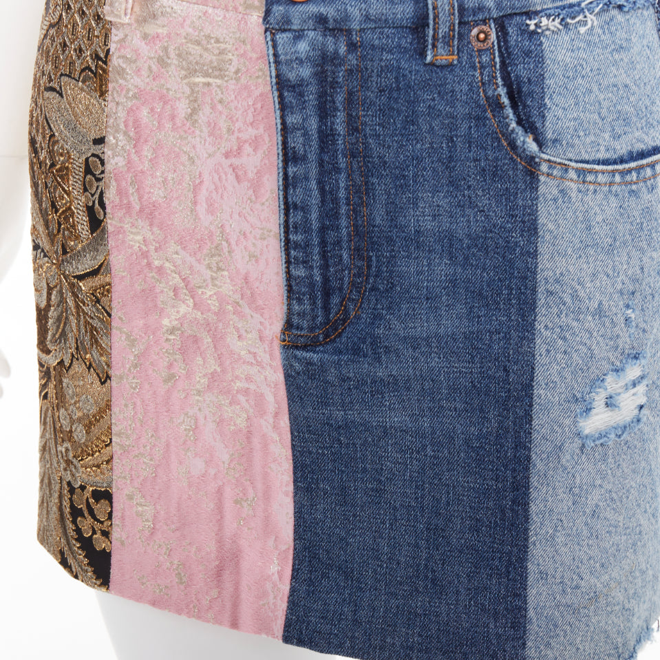 DOLCE GABBANA Denim Minirock gold blue jacquard patchwork mini skirt IT38 XS