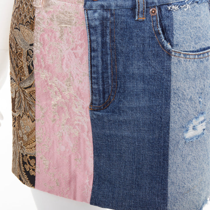 DOLCE GABBANA Denim Minirock gold blue jacquard patchwork mini skirt IT38 XS