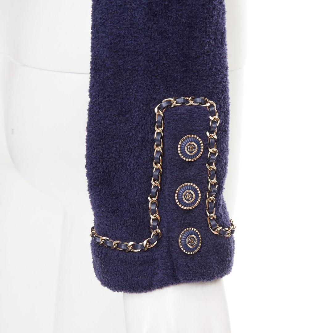 CHANEL 2020 navy cotton terry leather chain trim crop cardigan jacket FR34 XXS