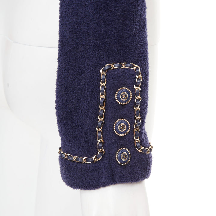 CHANEL 2020 navy cotton terry leather chain trim crop cardigan jacket FR34 XXS