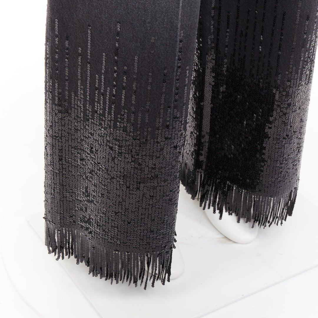 CHANEL 2025 Runway black washed denim sequin fringe wide leg jeans FR40 L