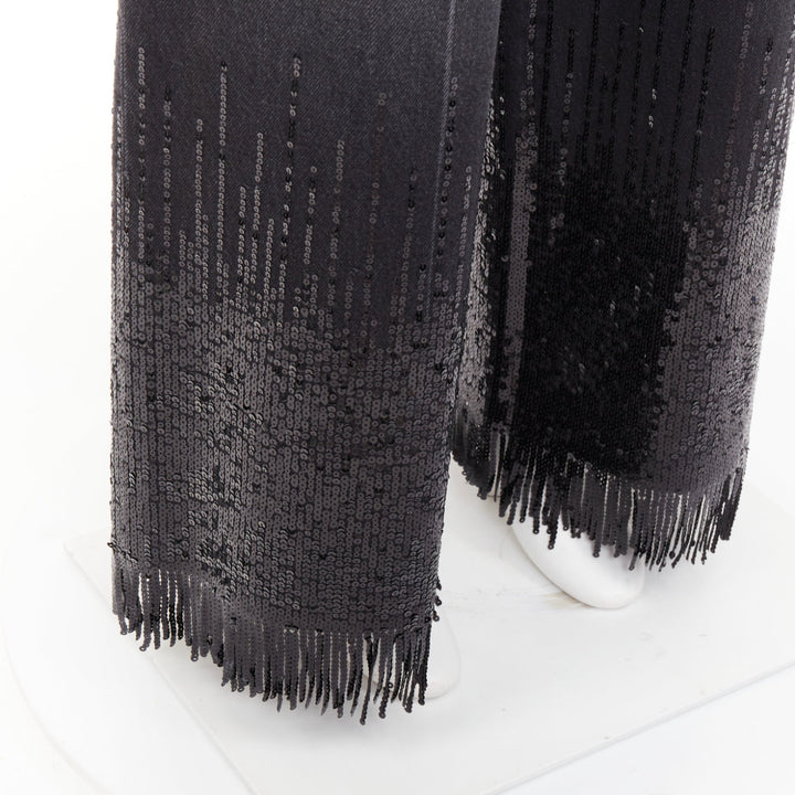 CHANEL 2025 Runway black washed denim sequin fringe wide leg jeans FR40 L