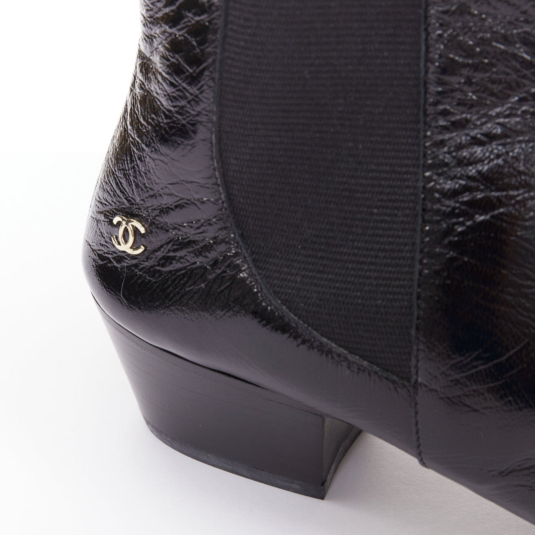 CHANEL 2019 Lami Fantasy black crinkled calfskin gold CC  chelsea boots EU39.5