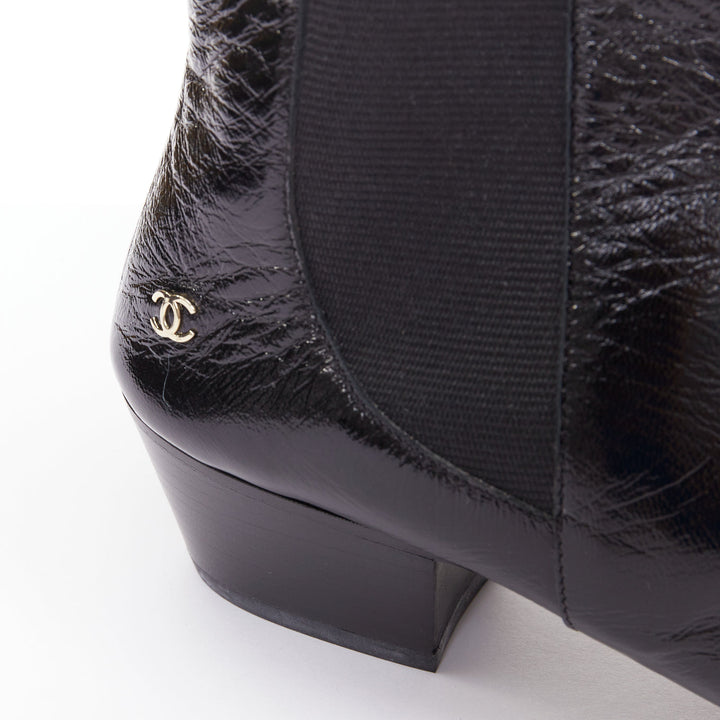 CHANEL 2019 Lami Fantasy black crinkled calfskin gold CC  chelsea boots EU39.5