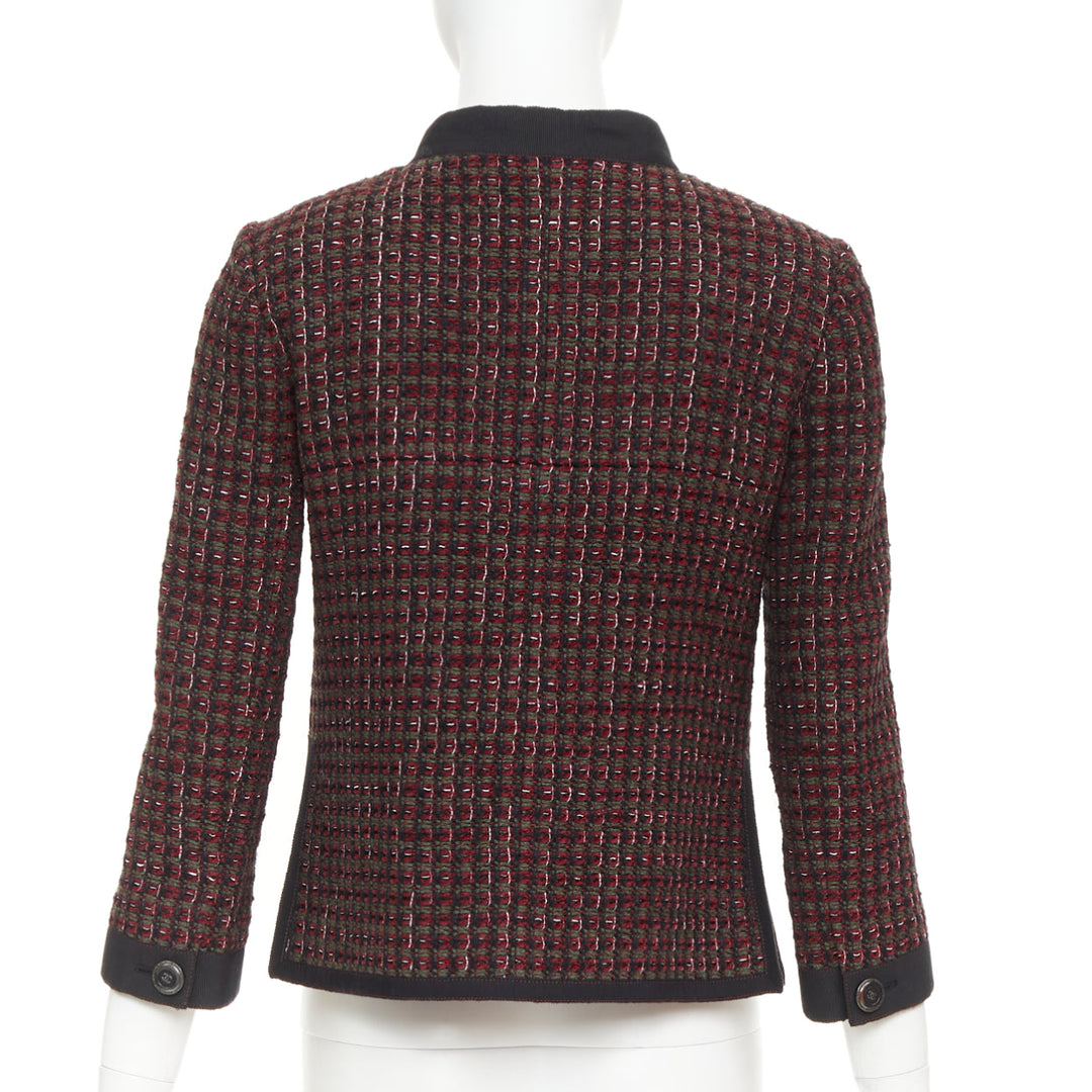 CHANEL 15A Runway burgundy green wool tweed 4 pocket jacket FR36 S