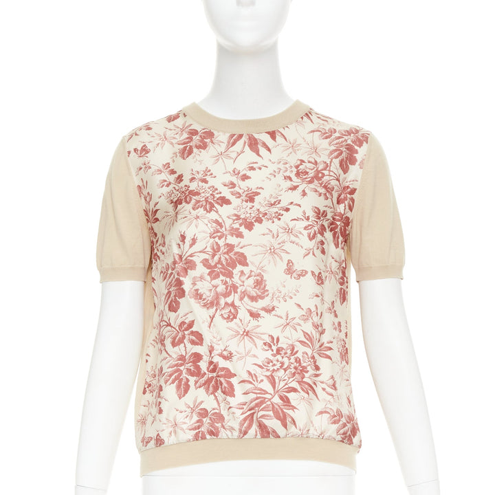 GUCCI Bloom floral butterfly silk print front wool knit sweater top M