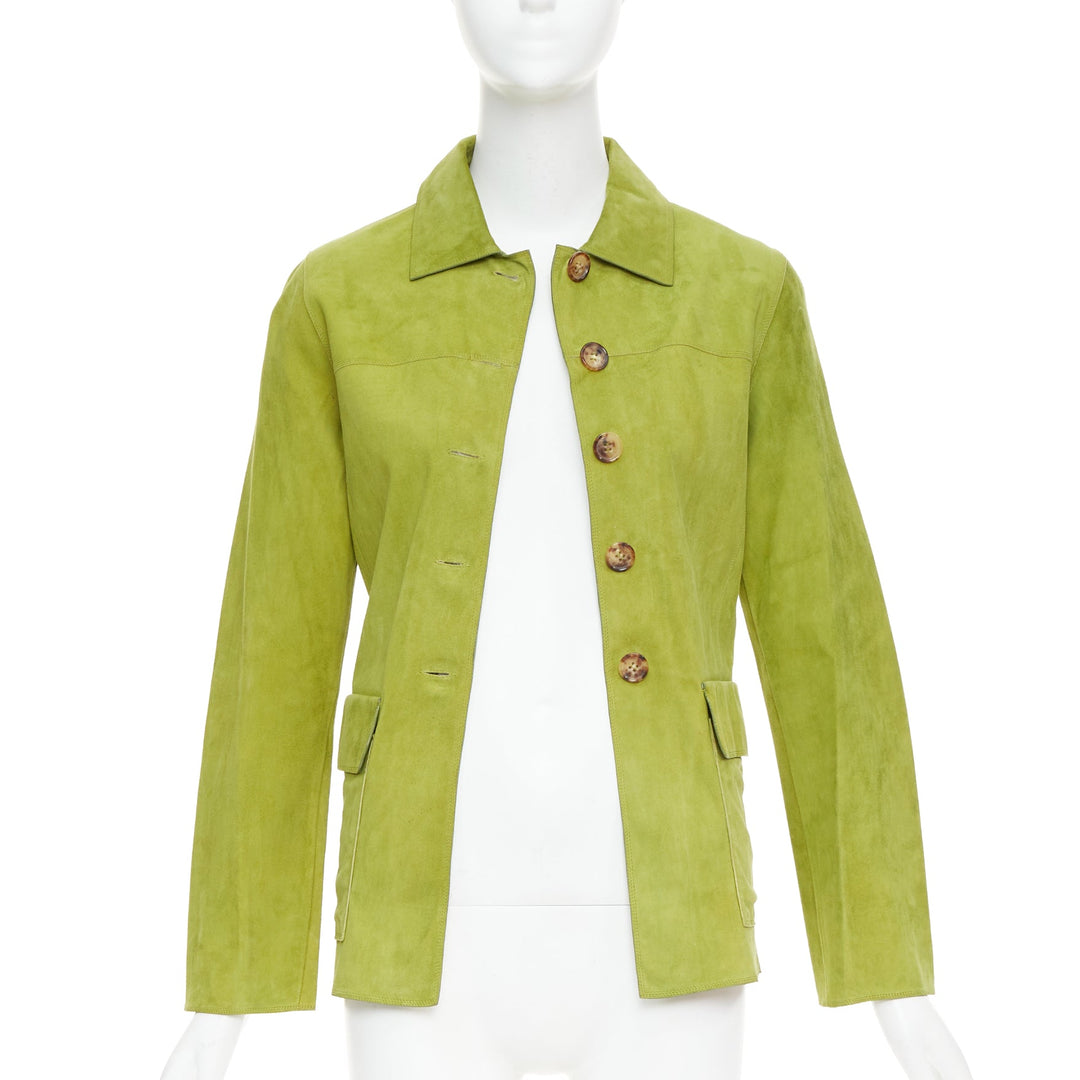 LORO PIANA grass green goat suede brown buttons overshirt jacket IT38 XS