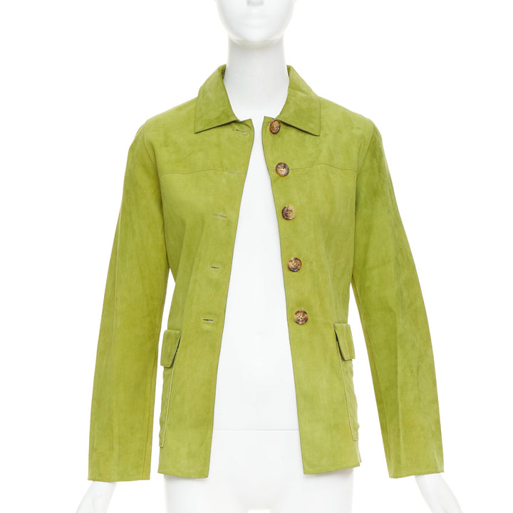 LORO PIANA grass green goat suede brown buttons overshirt jacket IT38 XS