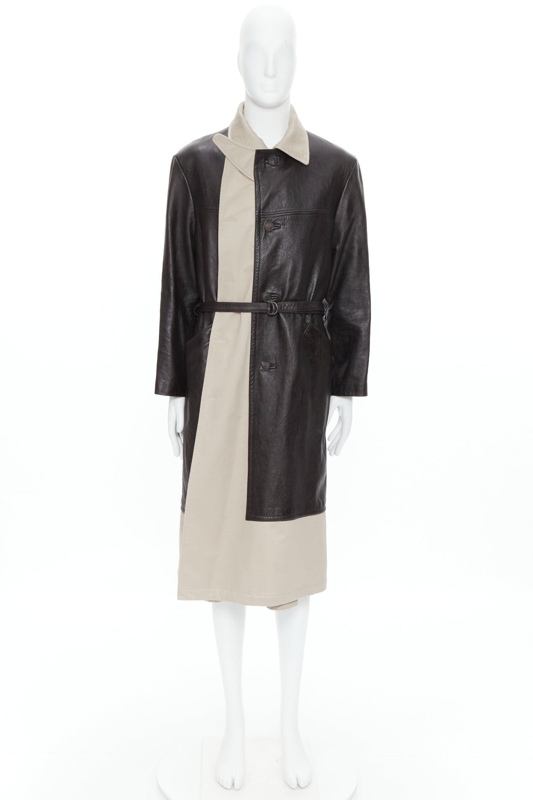 BALENCIAGA Fake Layering black leather beige trench belted coat M
