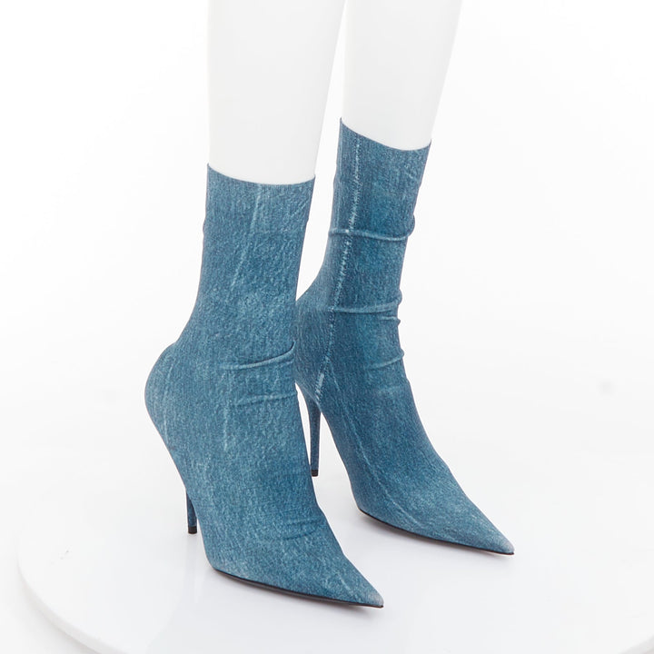 BALENCIAGA Knife blue denim trompe loeil pointy heeled boots EU36