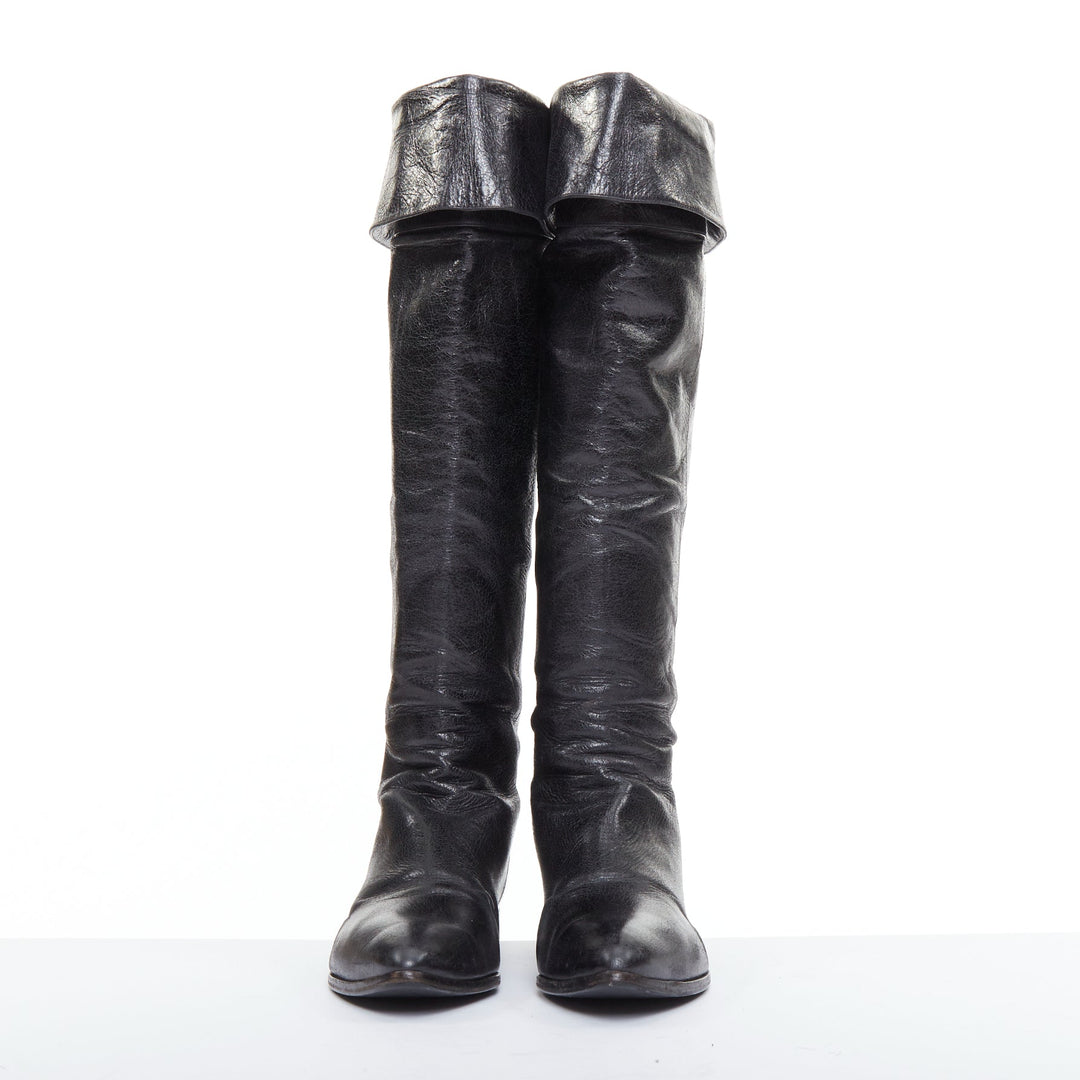 PRADA Vintage black soft nappa leather over the knee exposed back zip boots EU38