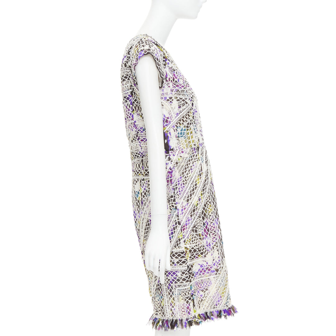 OSCAR DE LA RENTA Runway purple white silk embroidery anglais fringe dress US6 M