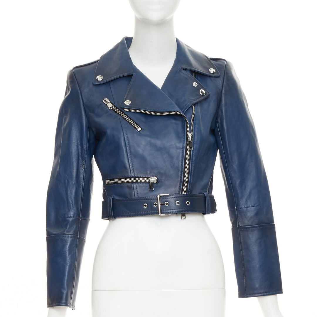ALEXANDER MCQUEEN Asymmetric blue leather belted cropped biker outerwear IT40 S