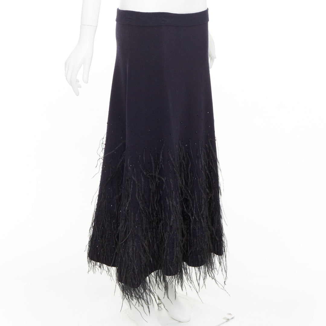 MICHAEL KORS COLLECTION navy knit black ostrich feather sequin embellished skirt