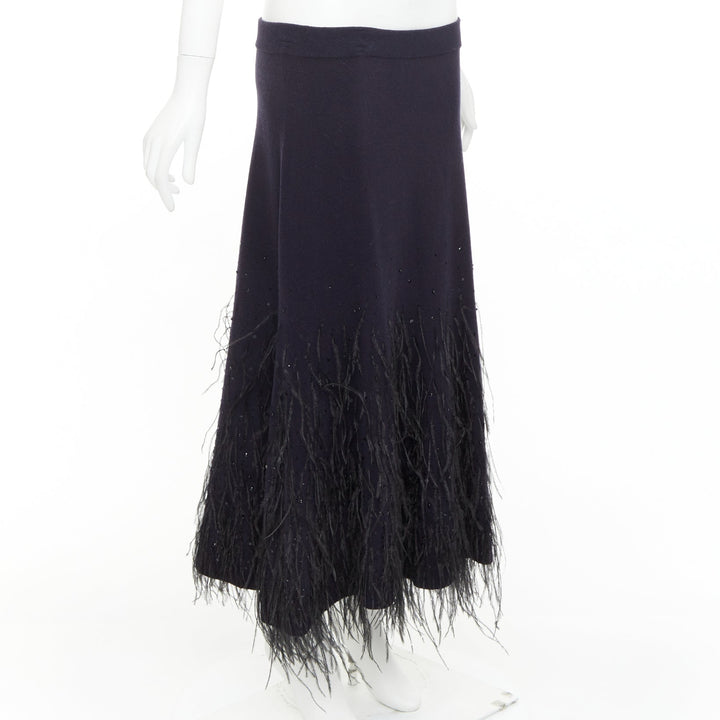 MICHAEL KORS COLLECTION navy knit black ostrich feather sequin embellished skirt