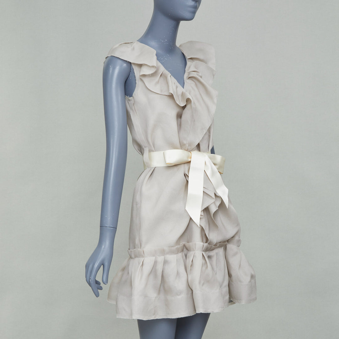 LANVIN 2008 light grey ruffle silk sleeveless bow belted mini dress FR34 XS