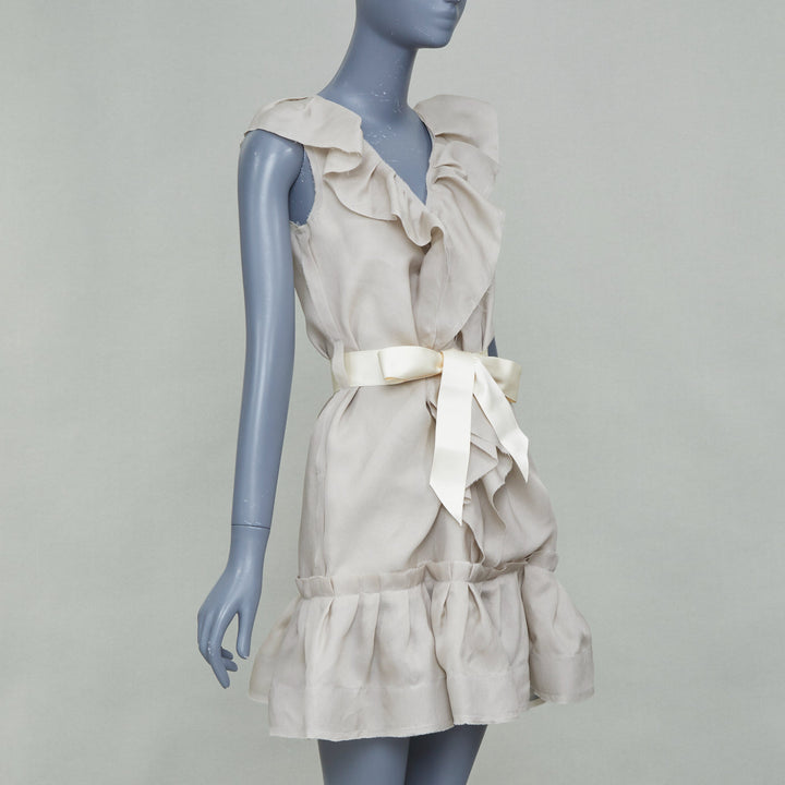LANVIN 2008 light grey ruffle silk sleeveless bow belted mini dress FR34 XS