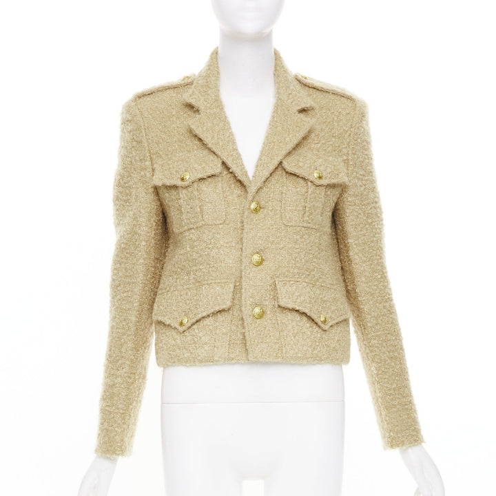 CELINE 2023 Chasseur Jacket beige mohair boucle military crop jacket FR38 M
