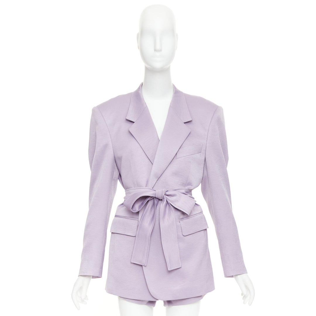 DZOJCHEN lavender purple satin double breasted belted blazer short set XS