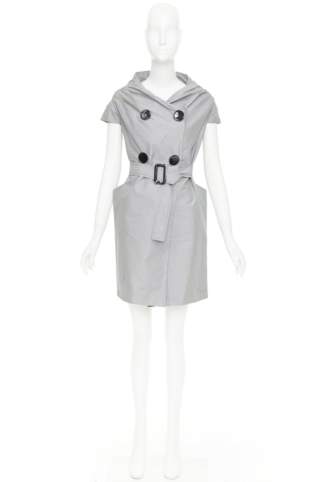 MAURIZIO PECORARO grey check cotton double breasted belted trench dress IT38 XS