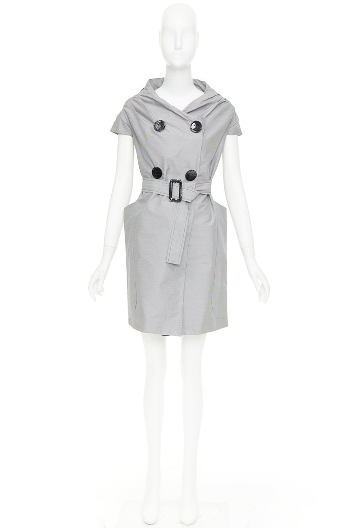 MAURIZIO PECORARO grey check cotton double breasted belted trench dress IT38 XS