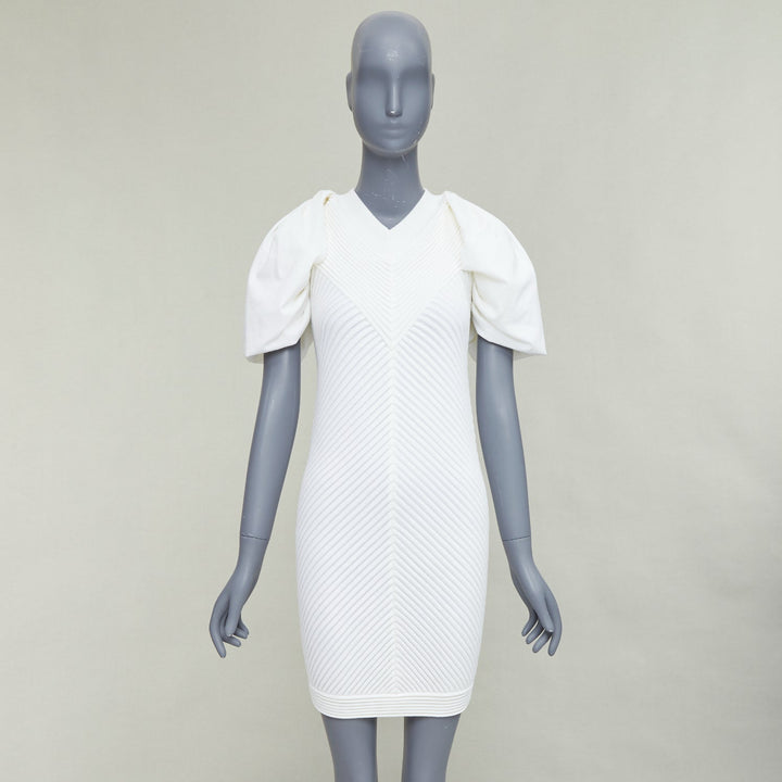 CHANEL 09P white cotton blend chevron puff sleeve CC buttons knit dress FR34 XS