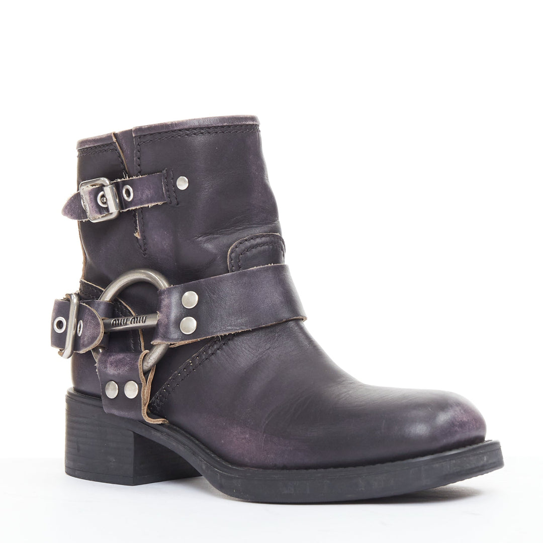 MIU MIU 2025 distressed washed black leather moto harness ankle boots EU36