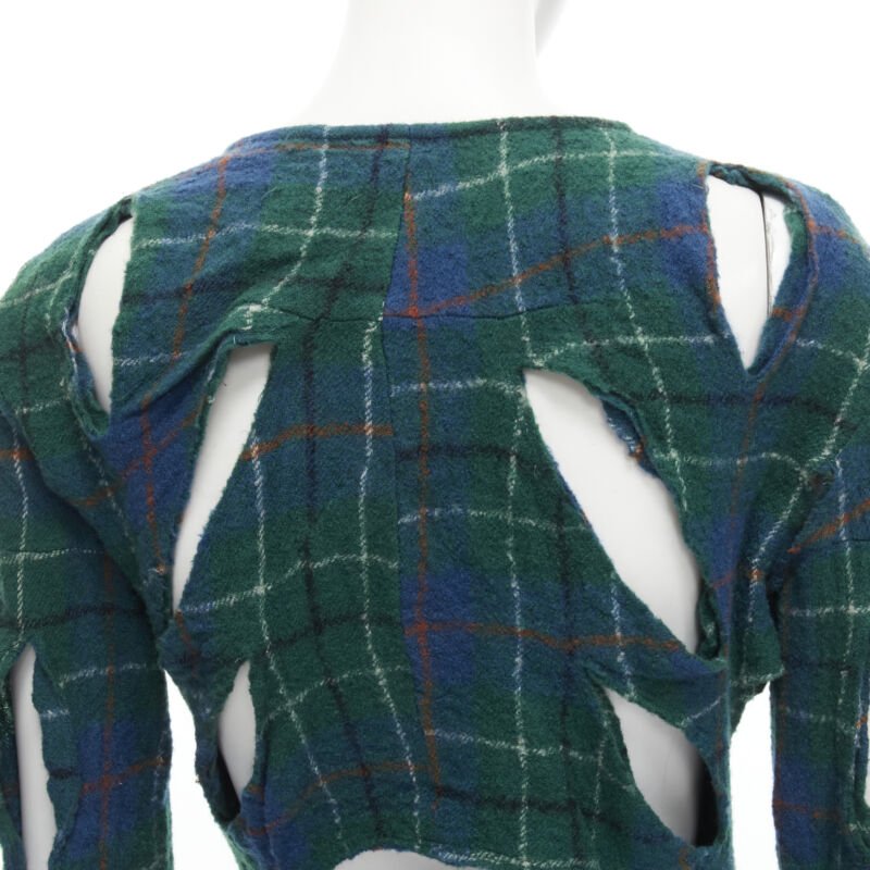 JUNYA WATANABE Vintage 1995 green punk plaid boiled wool slash cut out jacket S
