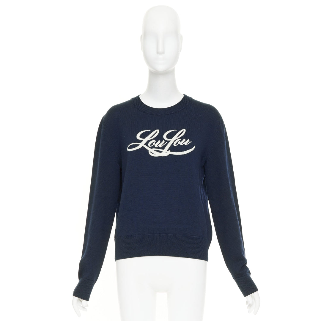 SAINT LAURENT 2017 LouLou Script navy wool cream embroidered crew neck sweater M