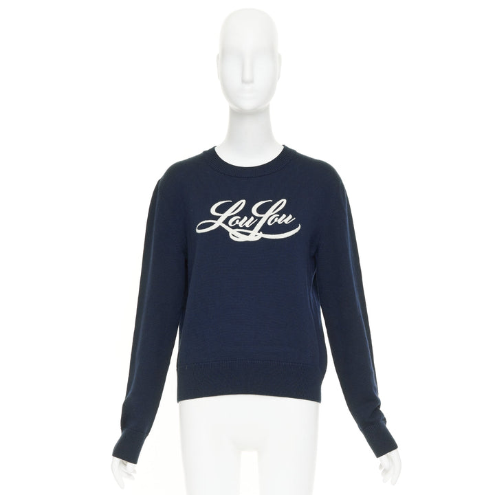 SAINT LAURENT 2017 LouLou Script navy wool cream embroidered crew neck sweater M