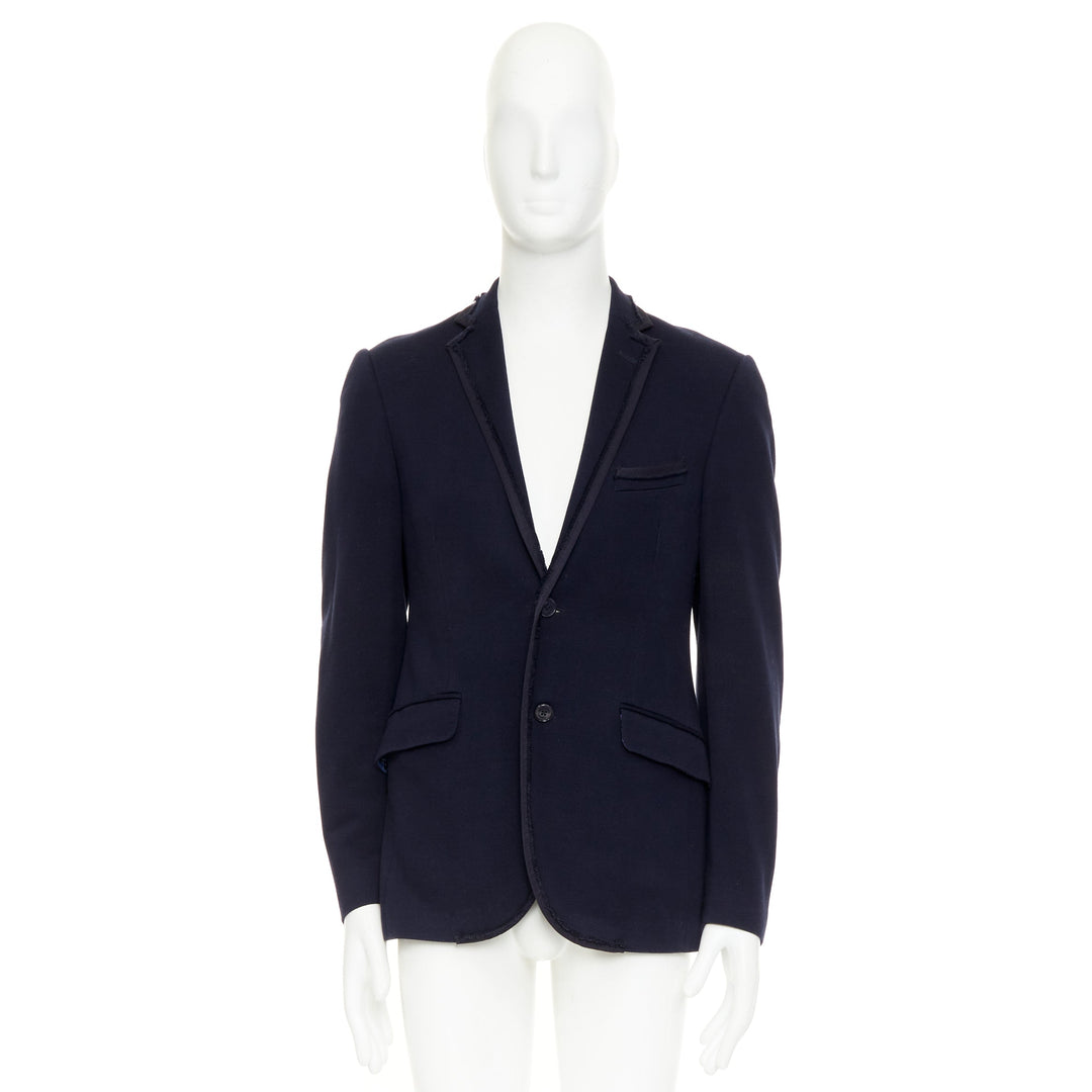 ETRO New Jersey navy cotton raw edge grosgrain paisley lined blazer IT48 M