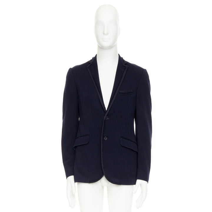 ETRO New Jersey navy cotton raw edge grosgrain paisley lined blazer IT48 M