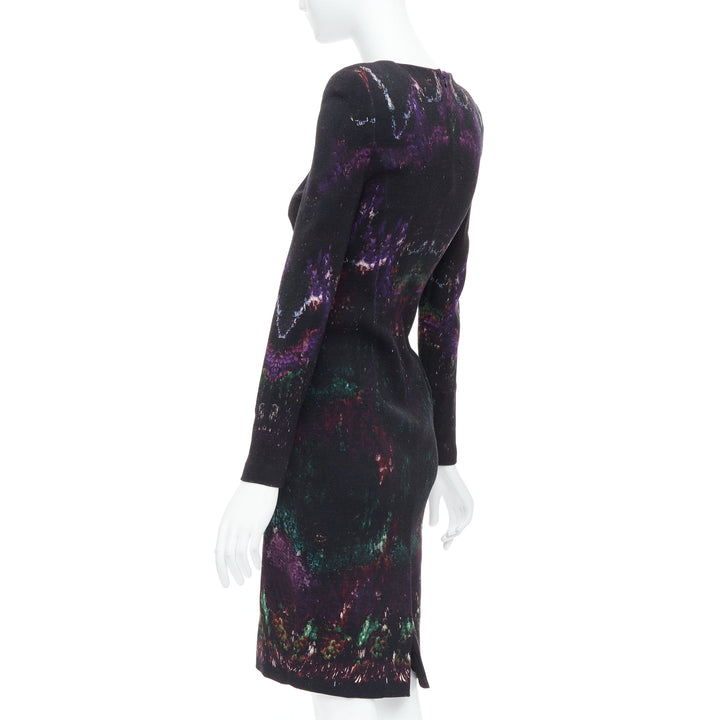 ALEXANDER MCQUEEN 2014 black purple wool feather print sheath dress IT38 XS