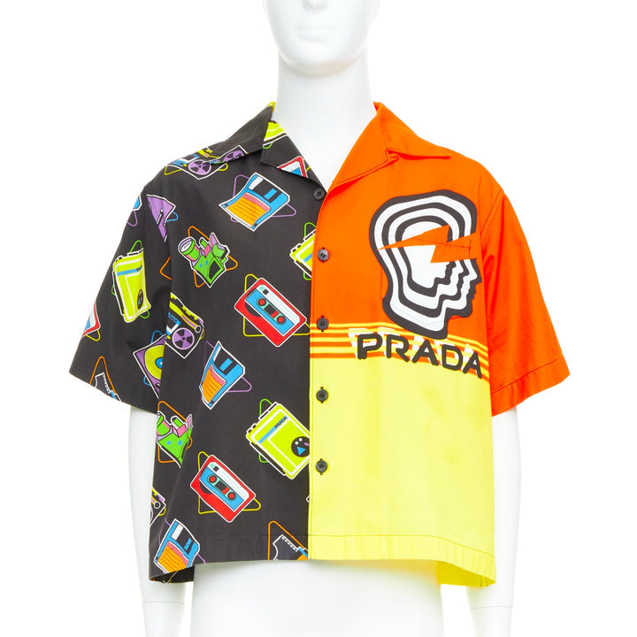 PRADA 2020 Double Match orange cassette print cotton short sleeve boxy shirt M