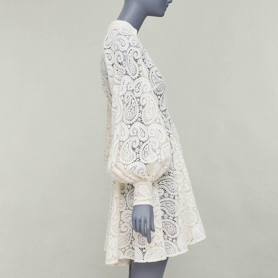 ZIMMERMANN Amari cream paisley floral lace cotton lined peasant dress Sz1 S