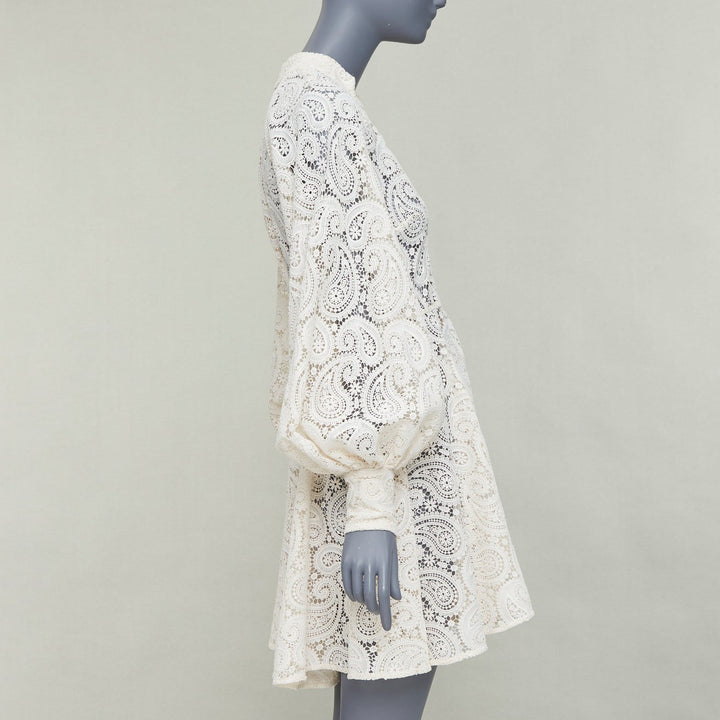 ZIMMERMANN Amari cream paisley floral lace cotton lined peasant dress Sz1 S